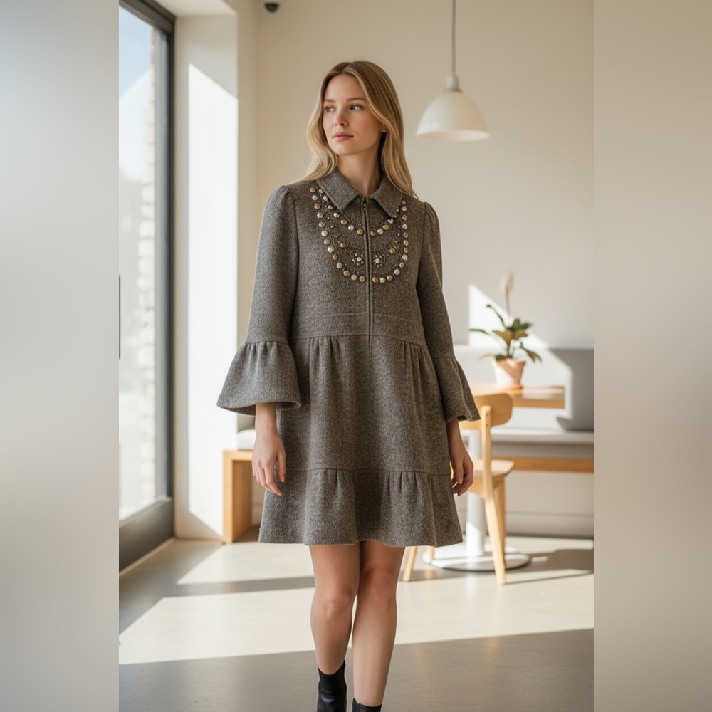 Nanette Lepore Knit Beaded Sparkles Flounce Sleeve High Waist‎ Zip Up Pea Coat S